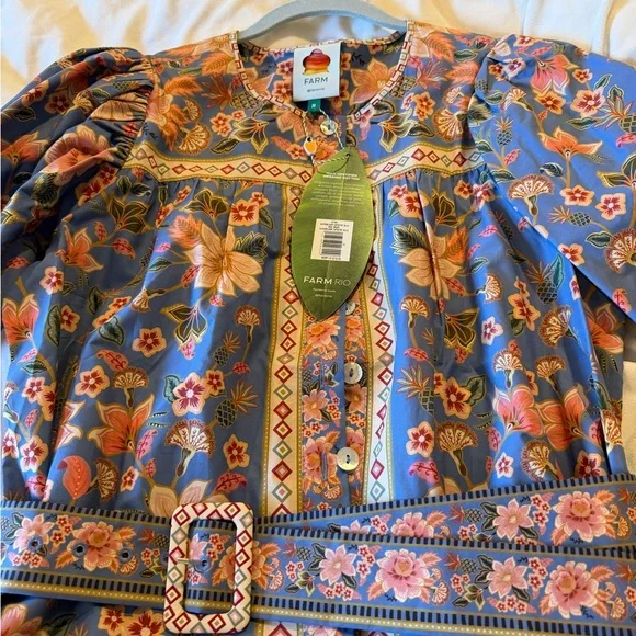 NWT FARM Rio Tapestry Printed Blue Floral Belted Mini Dress Medium - Picture 4 of 5